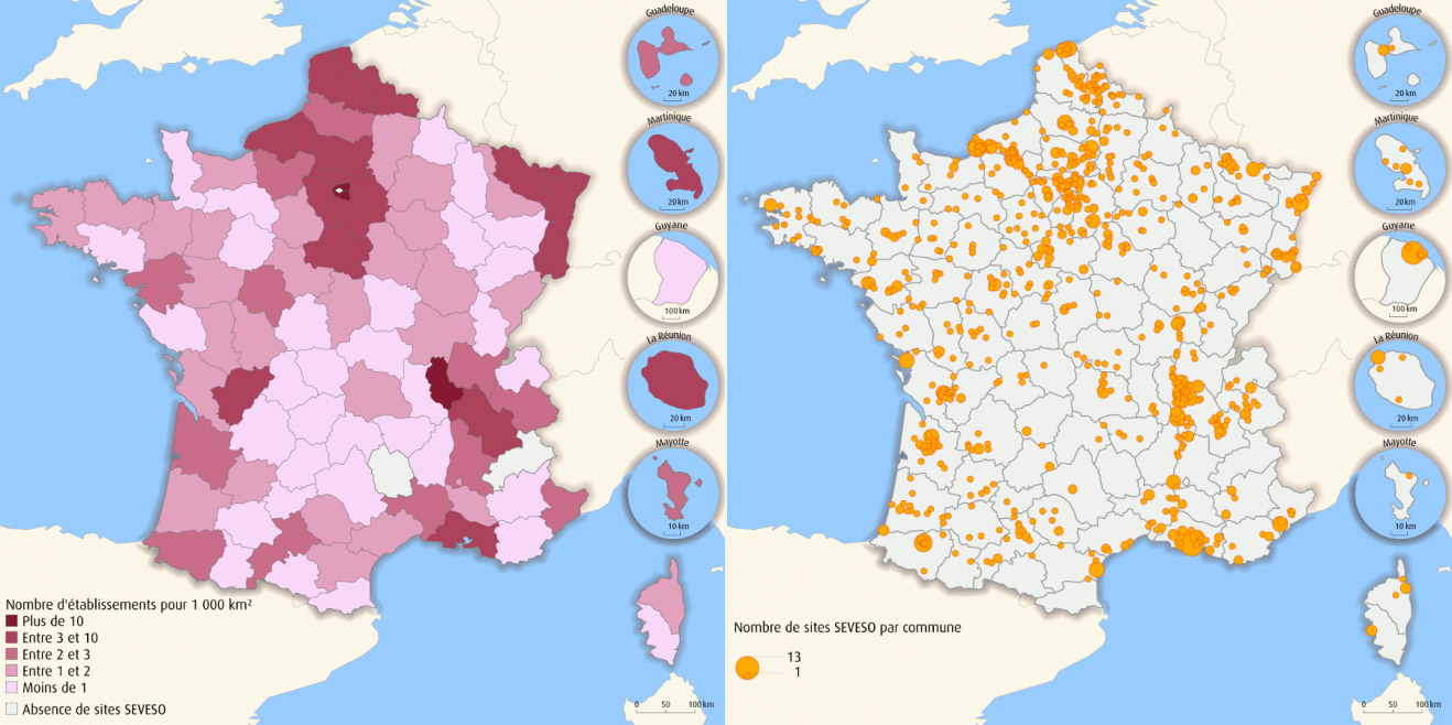 Densité et répartition communale des établissements Seveso - Source : Ministère de la cohésion des territoires / Données 2012