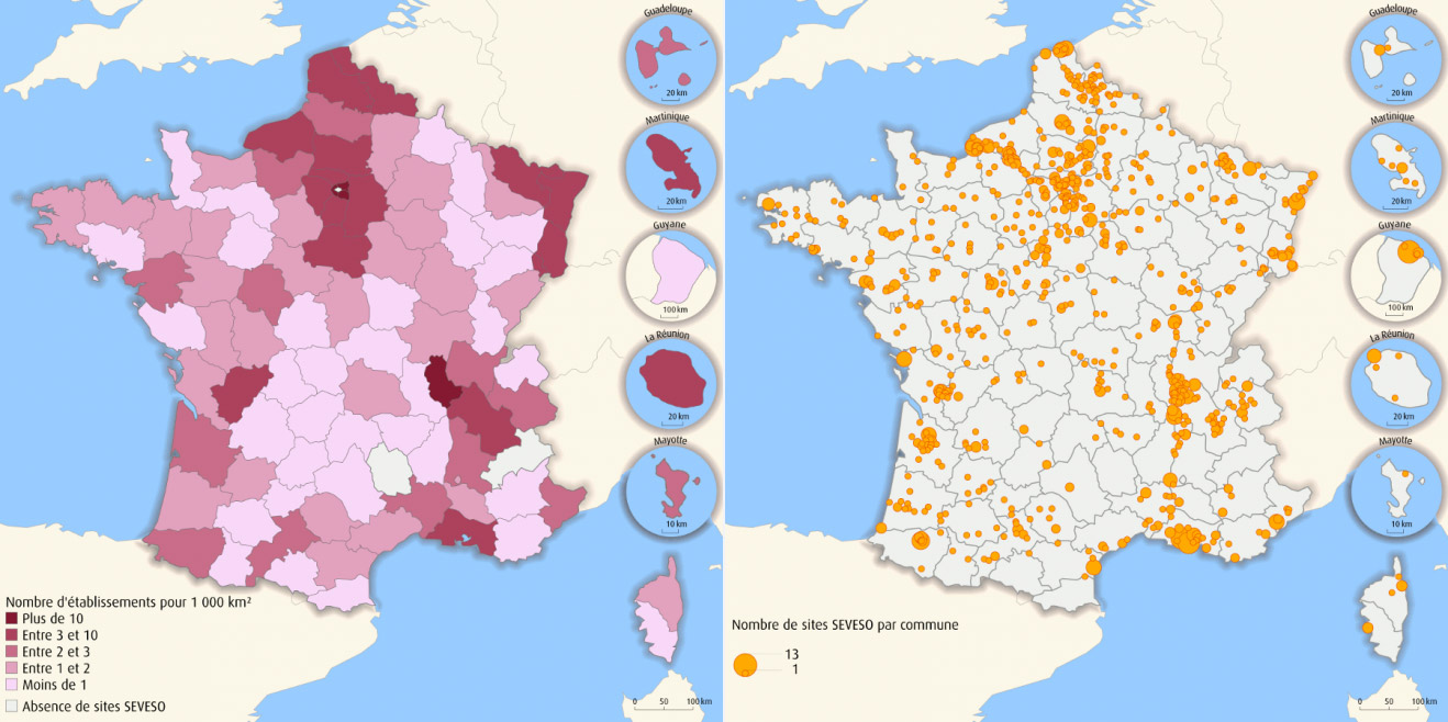 Communal density and distribution of Seveso establishments – Source: Ministry for local cohesion / 2012 Data